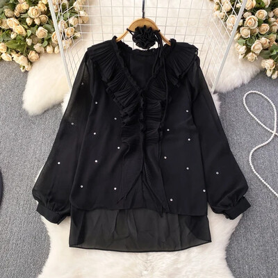 Blusen Damen 2023 Blūze Sieviešu Blusas Eleganta V-veida kakla izgriezuma mala ar pērlītēm Eleganta blūzes Sieviete Franču tiesa Retro gadījuma dropship