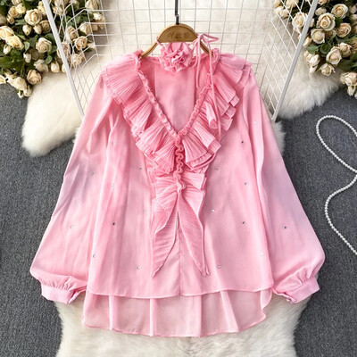 Blusen Damen 2023 Blūze Sieviešu Blusas Eleganta V-veida kakla izgriezuma mala ar pērlītēm Eleganta blūzes Sieviete Franču tiesa Retro gadījuma dropship