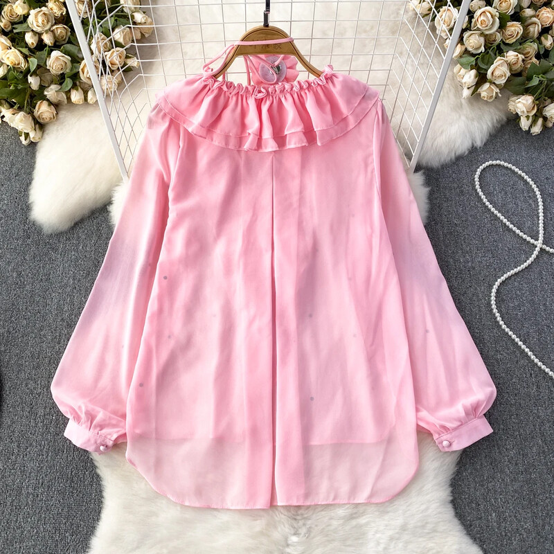 Blusen Damen 2023 Blūze Sieviešu Blusas Eleganta V-veida kakla izgriezuma mala ar pērlītēm Eleganta blūzes Sieviete Franču tiesa Retro gadījuma dropship