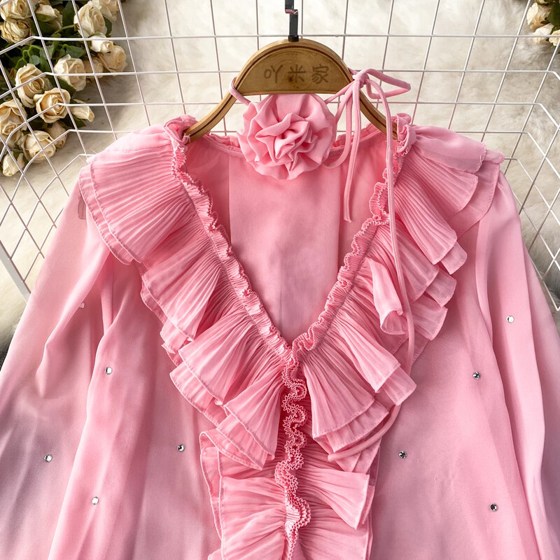 Blusen Damen 2023 Blūze Sieviešu Blusas Eleganta V-veida kakla izgriezuma mala ar pērlītēm Eleganta blūzes Sieviete Franču tiesa Retro gadījuma dropship