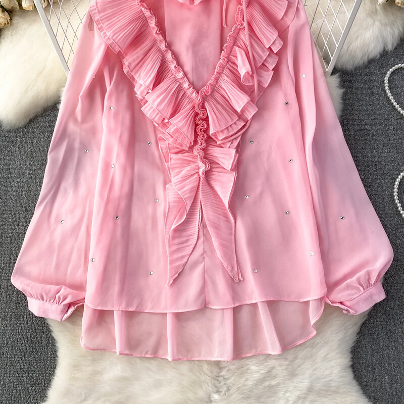 Blusen Damen 2023 Blūze Sieviešu Blusas Eleganta V-veida kakla izgriezuma mala ar pērlītēm Eleganta blūzes Sieviete Franču tiesa Retro gadījuma dropship