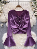 XFPV Γυναικεία ελαφριά πολυτελή τρισδιάστατη μπλούζα λουλουδιών V-λαιμόκοψη Φαρδιά ελαφριά πουκάμισα Άνοιξη Καλοκαίρι 2024 SM10842