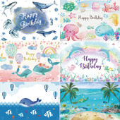 Vasaras okeāna tēma multfilma Zivju bērnu dzimšanas dienas ballīte Jauka zemūdens delfīnu valis fona pasākuma noformējums Bērnu dušas rekvizīts 