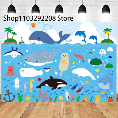 Vasaras okeāna tēma multfilma Zivju bērnu dzimšanas dienas ballīte Jauka zemūdens delfīnu valis fona pasākuma noformējums Bērnu dušas rekvizīts 