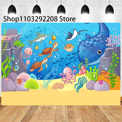 Vasaras okeāna tēma multfilma Zivju bērnu dzimšanas dienas ballīte Jauka zemūdens delfīnu valis fona pasākuma noformējums Bērnu dušas rekvizīts 