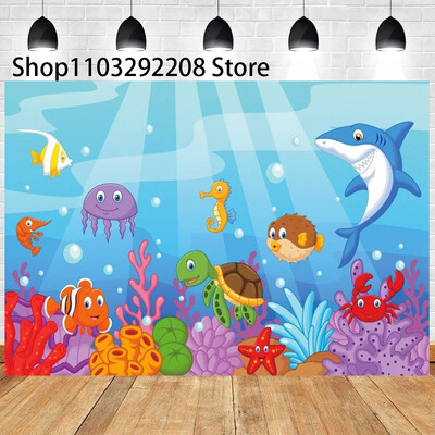 Vasaras okeāna tēma multfilma Zivju bērnu dzimšanas dienas ballīte Jauka zemūdens delfīnu valis fona pasākuma noformējums Bērnu dušas rekvizīts 