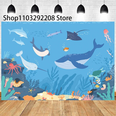 Vasaras okeāna tēma multfilma Zivju bērnu dzimšanas dienas ballīte Jauka zemūdens delfīnu valis fona pasākuma noformējums Bērnu dušas rekvizīts 