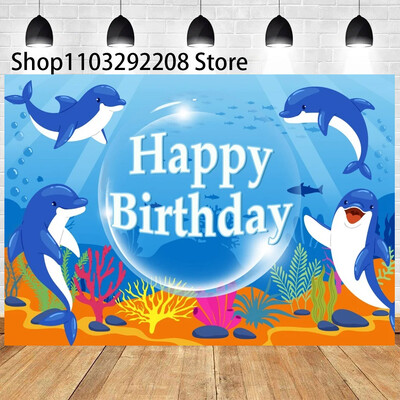 Vasaras okeāna tēma multfilma Zivju bērnu dzimšanas dienas ballīte Jauka zemūdens delfīnu valis fona pasākuma noformējums Bērnu dušas rekvizīts 