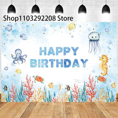 Vasaras okeāna tēma multfilma Zivju bērnu dzimšanas dienas ballīte Jauka zemūdens delfīnu valis fona pasākuma noformējums Bērnu dušas rekvizīts 