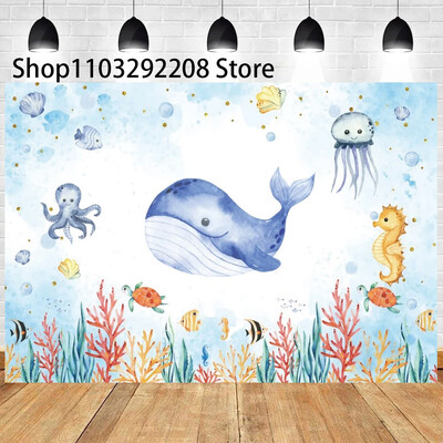 Vasaras okeāna tēma multfilma Zivju bērnu dzimšanas dienas ballīte Jauka zemūdens delfīnu valis fona pasākuma noformējums Bērnu dušas rekvizīts 