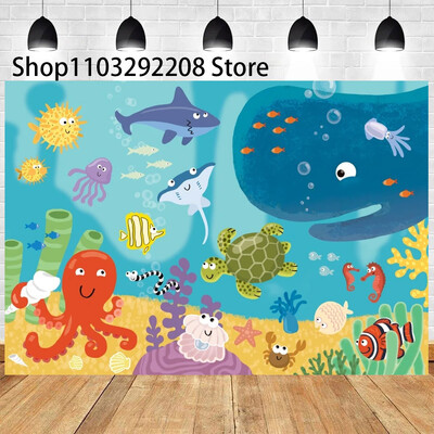 Vasaras okeāna tēma multfilma Zivju bērnu dzimšanas dienas ballīte Jauka zemūdens delfīnu valis fona pasākuma noformējums Bērnu dušas rekvizīts 