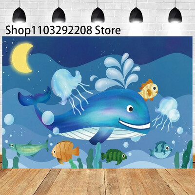 Vasaras okeāna tēma multfilma Zivju bērnu dzimšanas dienas ballīte Jauka zemūdens delfīnu valis fona pasākuma noformējums Bērnu dušas rekvizīts 