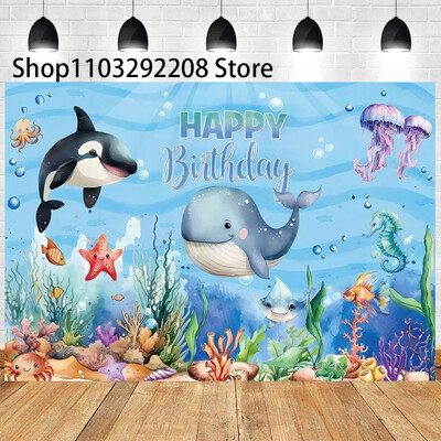 Vasaras okeāna tēma multfilma Zivju bērnu dzimšanas dienas ballīte Jauka zemūdens delfīnu valis fona pasākuma noformējums Bērnu dušas rekvizīts 