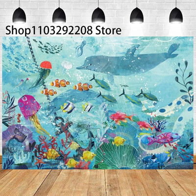 Vasaras okeāna tēma multfilma Zivju bērnu dzimšanas dienas ballīte Jauka zemūdens delfīnu valis fona pasākuma noformējums Bērnu dušas rekvizīts 