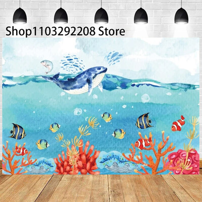 Vasaras okeāna tēma multfilma Zivju bērnu dzimšanas dienas ballīte Jauka zemūdens delfīnu valis fona pasākuma noformējums Bērnu dušas rekvizīts 