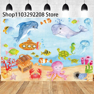 Vasaras okeāna tēma multfilma Zivju bērnu dzimšanas dienas ballīte Jauka zemūdens delfīnu valis fona pasākuma noformējums Bērnu dušas rekvizīts 