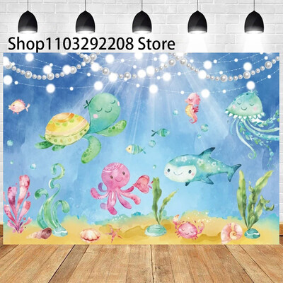 Vasaras okeāna tēma multfilma Zivju bērnu dzimšanas dienas ballīte Jauka zemūdens delfīnu valis fona pasākuma noformējums Bērnu dušas rekvizīts 