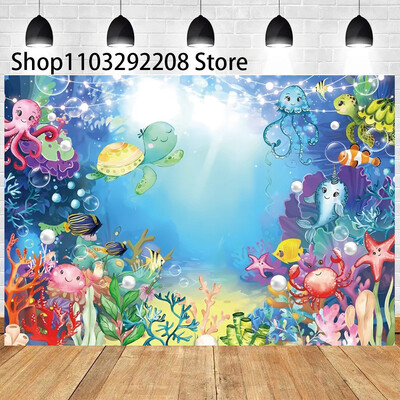 Vasaras okeāna tēma multfilma Zivju bērnu dzimšanas dienas ballīte Jauka zemūdens delfīnu valis fona pasākuma noformējums Bērnu dušas rekvizīts 