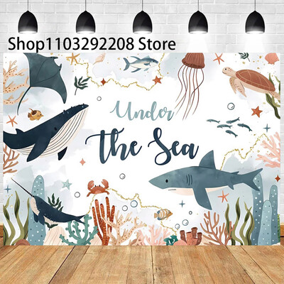 Vasaras okeāna tēma multfilma Zivju bērnu dzimšanas dienas ballīte Jauka zemūdens delfīnu valis fona pasākuma noformējums Bērnu dušas rekvizīts 