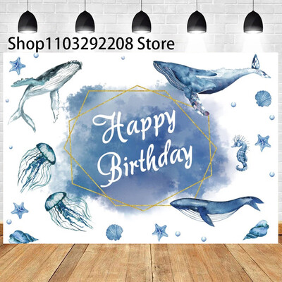 Vasaras okeāna tēma multfilma Zivju bērnu dzimšanas dienas ballīte Jauka zemūdens delfīnu valis fona pasākuma noformējums Bērnu dušas rekvizīts 