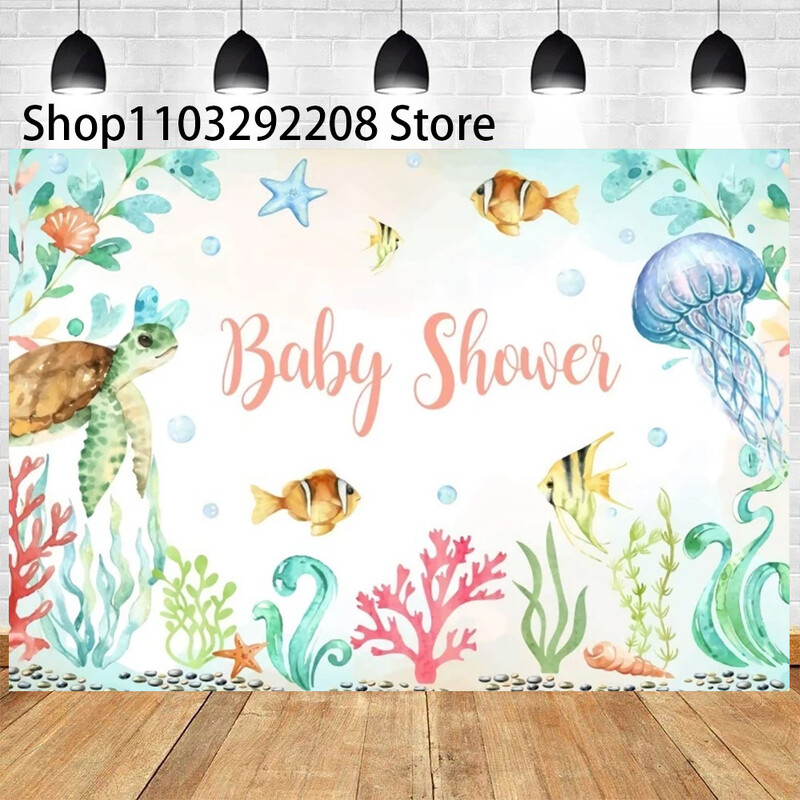 Vasaras okeāna tēma multfilma Zivju bērnu dzimšanas dienas ballīte Jauka zemūdens delfīnu valis fona pasākuma noformējums Bērnu dušas rekvizīts ﻿