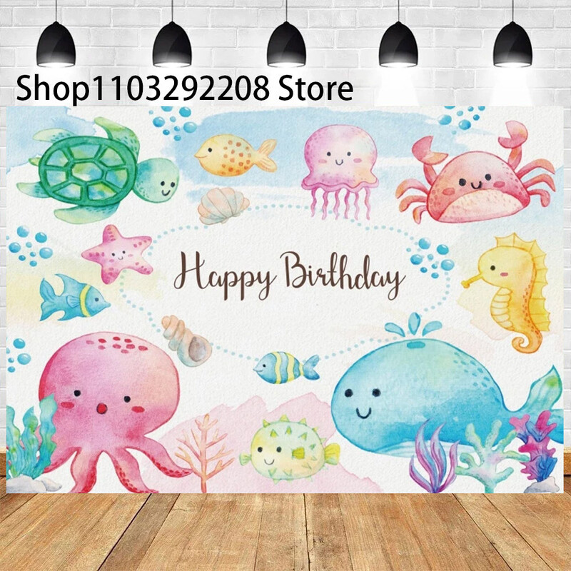 Vasaras okeāna tēma multfilma Zivju bērnu dzimšanas dienas ballīte Jauka zemūdens delfīnu valis fona pasākuma noformējums Bērnu dušas rekvizīts ﻿