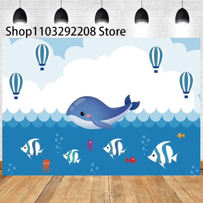 Vasaras okeāna tēma multfilma Zivju bērnu dzimšanas dienas ballīte Jauka zemūdens delfīnu valis fona pasākuma noformējums Bērnu dušas rekvizīts ﻿
