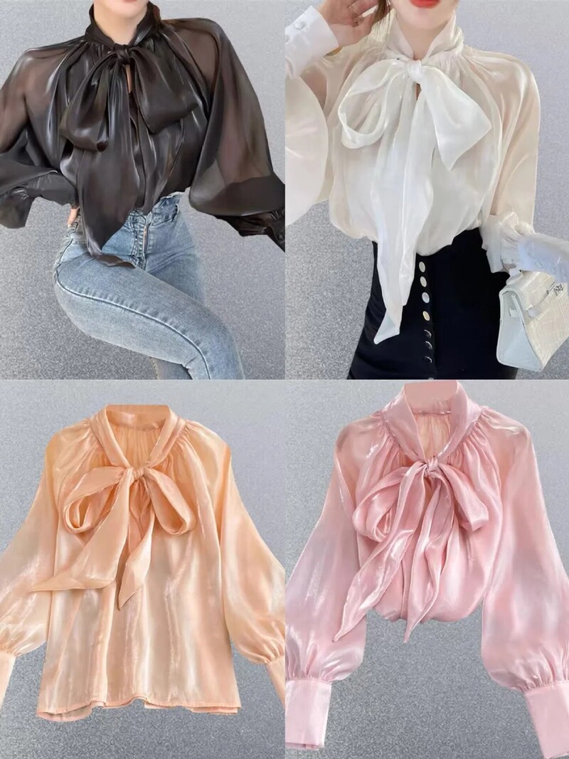 Κομψό φαρδύ γυναικείο πουκάμισο παπιγιόν με μακρυμάνικο μπλουζάκι