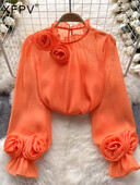 XFPV női háromdimenziós virágos koreai változat blúz, álló gallér, felfújt ujjú temperamentumos ingek 2024 tavaszi nyár SM10808