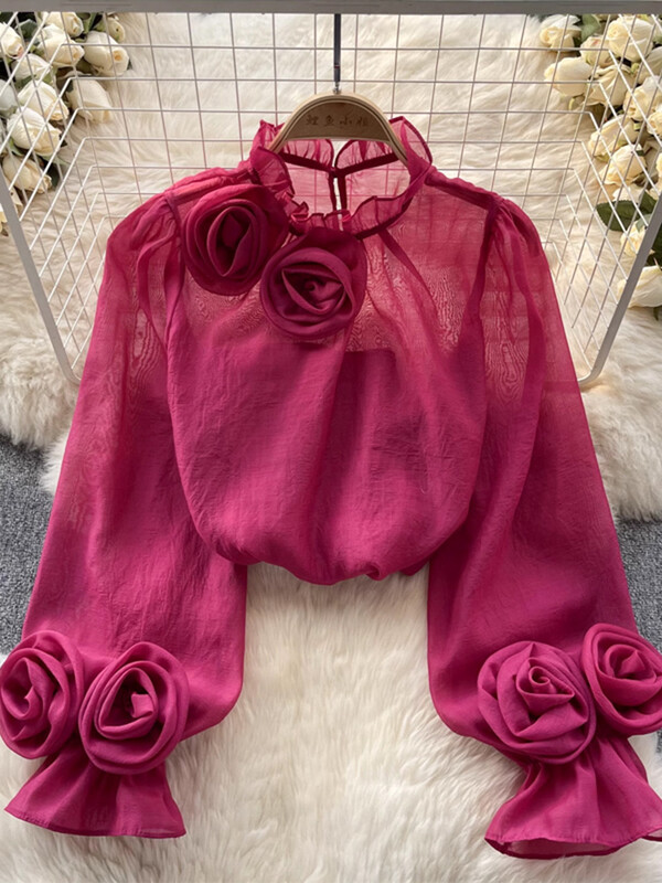 XFPV női háromdimenziós virágos koreai változat blúz, álló gallér, felfújt ujjú temperamentumos ingek 2024 tavaszi nyár SM10808