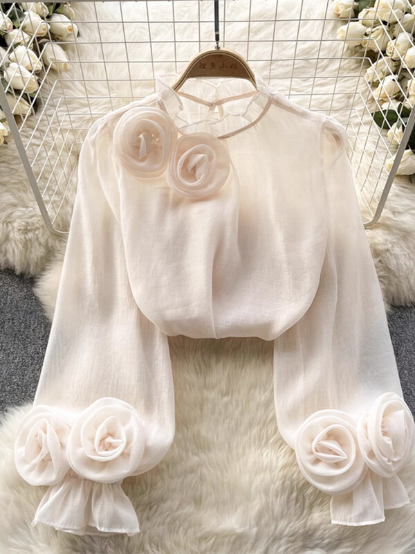 XFPV női háromdimenziós virágos koreai változat blúz, álló gallér, felfújt ujjú temperamentumos ingek 2024 tavaszi nyár SM10808