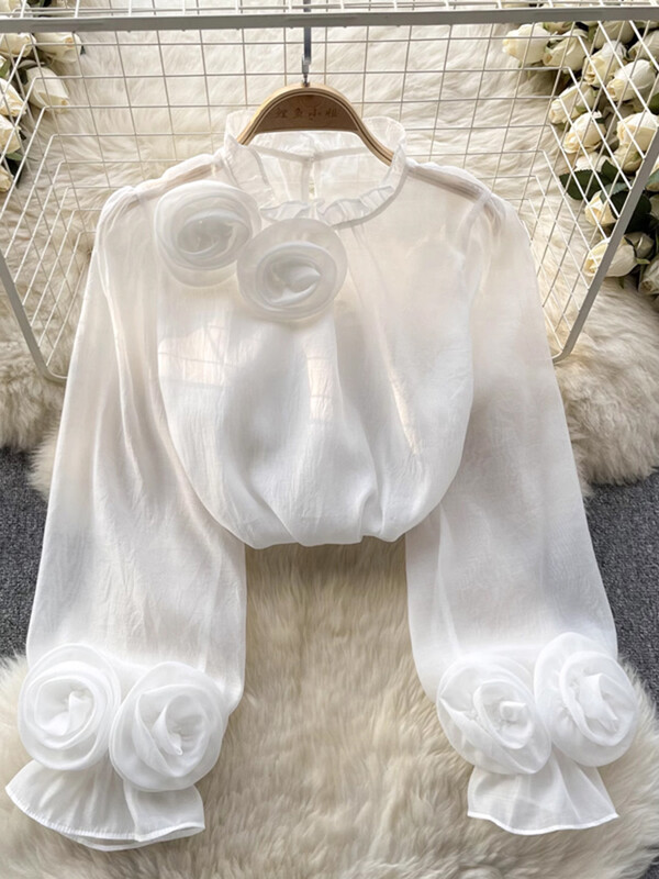 XFPV női háromdimenziós virágos koreai változat blúz, álló gallér, felfújt ujjú temperamentumos ingek 2024 tavaszi nyár SM10808