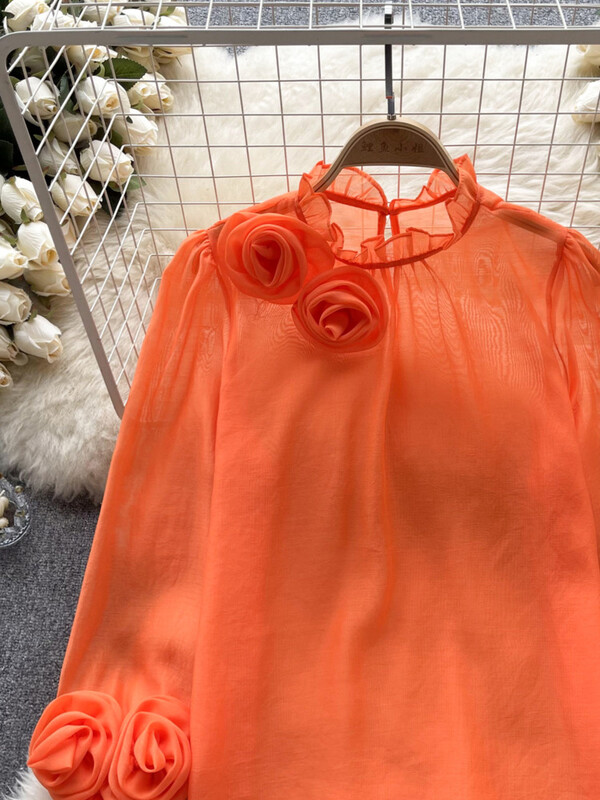 XFPV női háromdimenziós virágos koreai változat blúz, álló gallér, felfújt ujjú temperamentumos ingek 2024 tavaszi nyár SM10808