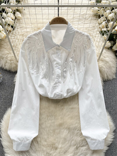 SINGREINY Sequines spārns šifona krekls sieviešu elegants atloks ar garām piedurknēm, pērļošana, modes 2024. gada pavasara dāma, slaida ikdienas blūze