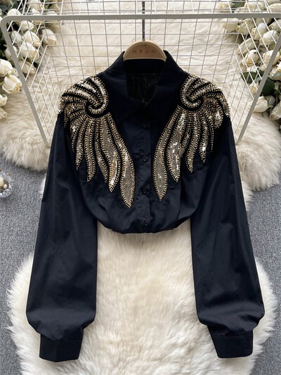 SINGREINY Sequines spārns šifona krekls sieviešu elegants atloks ar garām piedurknēm, pērļošana, modes 2024. gada pavasara dāma, slaida ikdienas blūze