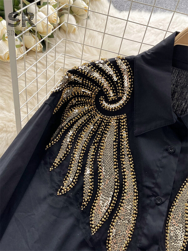 SINGREINY Sequines spārns šifona krekls sieviešu elegants atloks ar garām piedurknēm, pērļošana, modes 2024. gada pavasara dāma, slaida ikdienas blūze