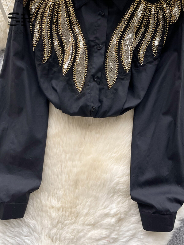 SINGREINY Sequines spārns šifona krekls sieviešu elegants atloks ar garām piedurknēm, pērļošana, modes 2024. gada pavasara dāma, slaida ikdienas blūze