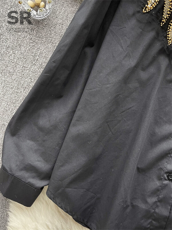 SINGREINY Sequines spārns šifona krekls sieviešu elegants atloks ar garām piedurknēm, pērļošana, modes 2024. gada pavasara dāma, slaida ikdienas blūze