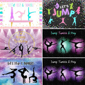 Fordítsuk meg a sportoló tornász gimnasztikai témát, ugrás, tornász, ritmikus gimnasztika, lány születésnapi parti Baba zuhany háttere