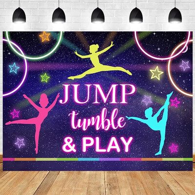 Fordítsuk meg a sportoló tornász gimnasztikai témát, ugrás, tornász, ritmikus gimnasztika, lány születésnapi parti Baba zuhany háttere