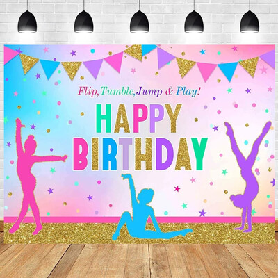 Fordítsuk meg a sportoló tornász gimnasztikai témát, ugrás, tornász, ritmikus gimnasztika, lány születésnapi parti Baba zuhany háttere