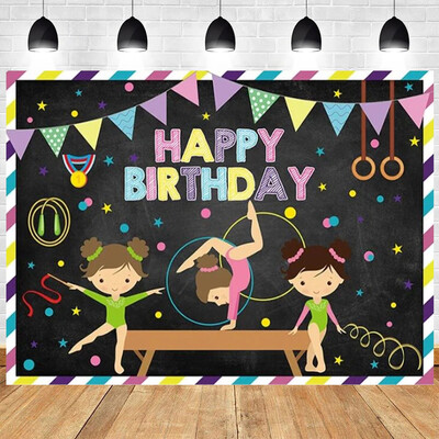 Fordítsuk meg a sportoló tornász gimnasztikai témát, ugrás, tornász, ritmikus gimnasztika, lány születésnapi parti Baba zuhany háttere