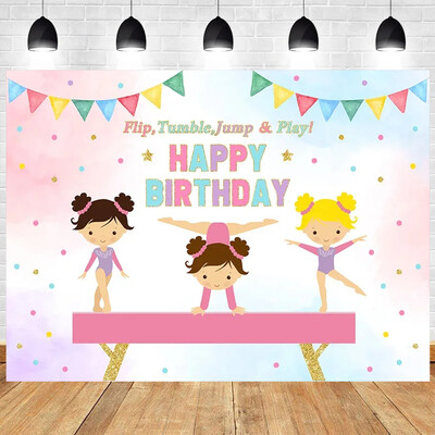 Fordítsuk meg a sportoló tornász gimnasztikai témát, ugrás, tornász, ritmikus gimnasztika, lány születésnapi parti Baba zuhany háttere