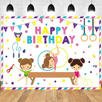 Fordítsuk meg a sportoló tornász gimnasztikai témát, ugrás, tornász, ritmikus gimnasztika, lány születésnapi parti Baba zuhany háttere