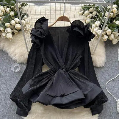 Neploe European American Fashion Sexy Blusas Νέα τρισδιάστατα λουλούδια γλυκό πουκάμισο με βολάν σιφόν μονόχρωμες μπλούζες