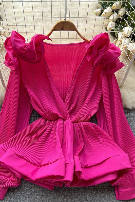 Neploe European American Fashion Sexy Blusas Νέα τρισδιάστατα λουλούδια γλυκό πουκάμισο με βολάν σιφόν μονόχρωμες μπλούζες