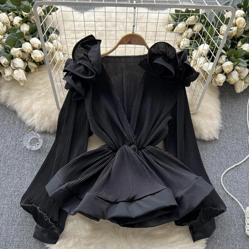 Neploe European American Fashion Sexy Blusas Νέα τρισδιάστατα λουλούδια γλυκό πουκάμισο με βολάν σιφόν μονόχρωμες μπλούζες