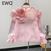 EWQ alkalmi 3D virágmintás blúz nőknek fényvédő fodros hosszú ujjú ing álló gallér ruházat 2024 nyár új 27C799