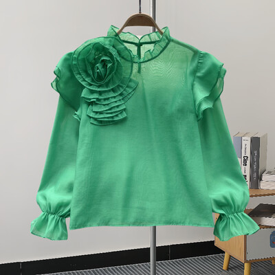 EWQ alkalmi 3D virágmintás blúz nőknek fényvédő fodros hosszú ujjú ing álló gallér ruházat 2024 nyár új 27C799