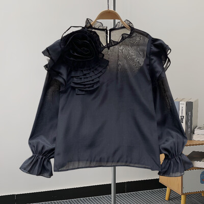 EWQ alkalmi 3D virágmintás blúz nőknek fényvédő fodros hosszú ujjú ing álló gallér ruházat 2024 nyár új 27C799